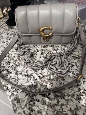 COACH | Quilted Leather Chain Crossbody in Light Gray with Gold Hardware